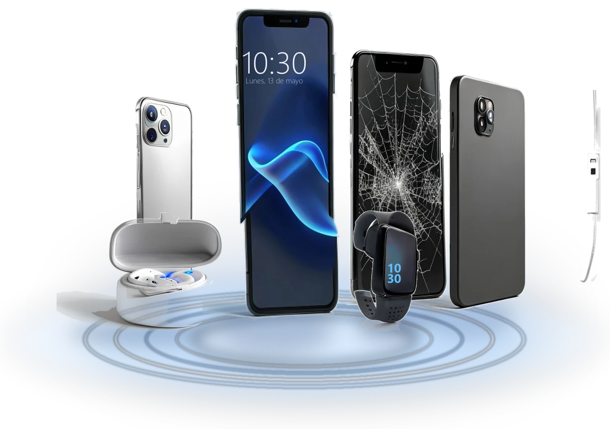 Celulares, audífonos inalámbricos, smartwatch y cable de carga sobre una base tecnológica iluminada