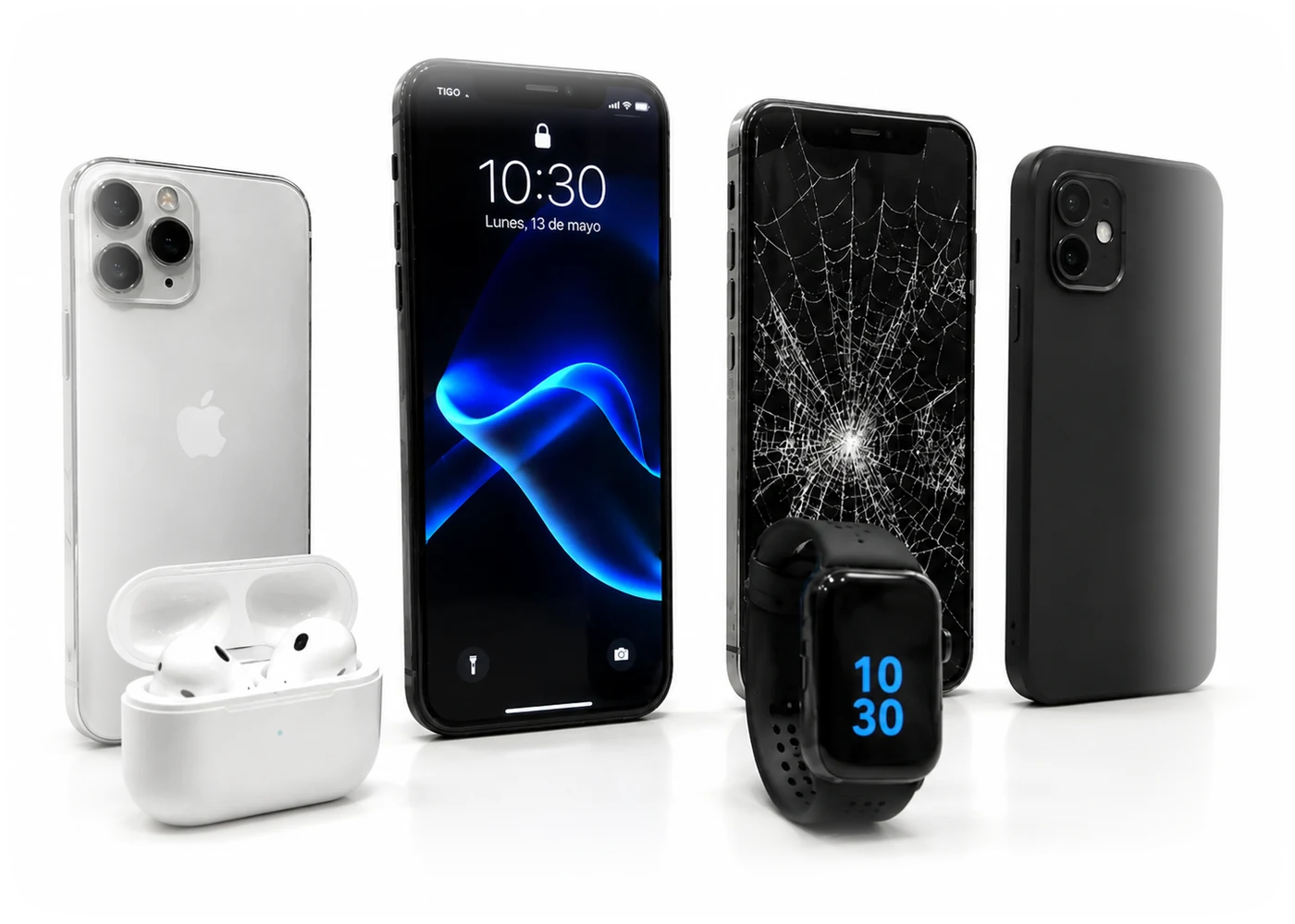 Celulares, audífonos inalámbricos, smartwatch y cable de carga sobre una base tecnológica iluminada